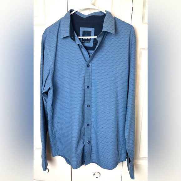 PRANA Garden Long Sleeve Button Down Shirt Steel Blue 100% Organic Cotton Geo - Picture 2 of 11